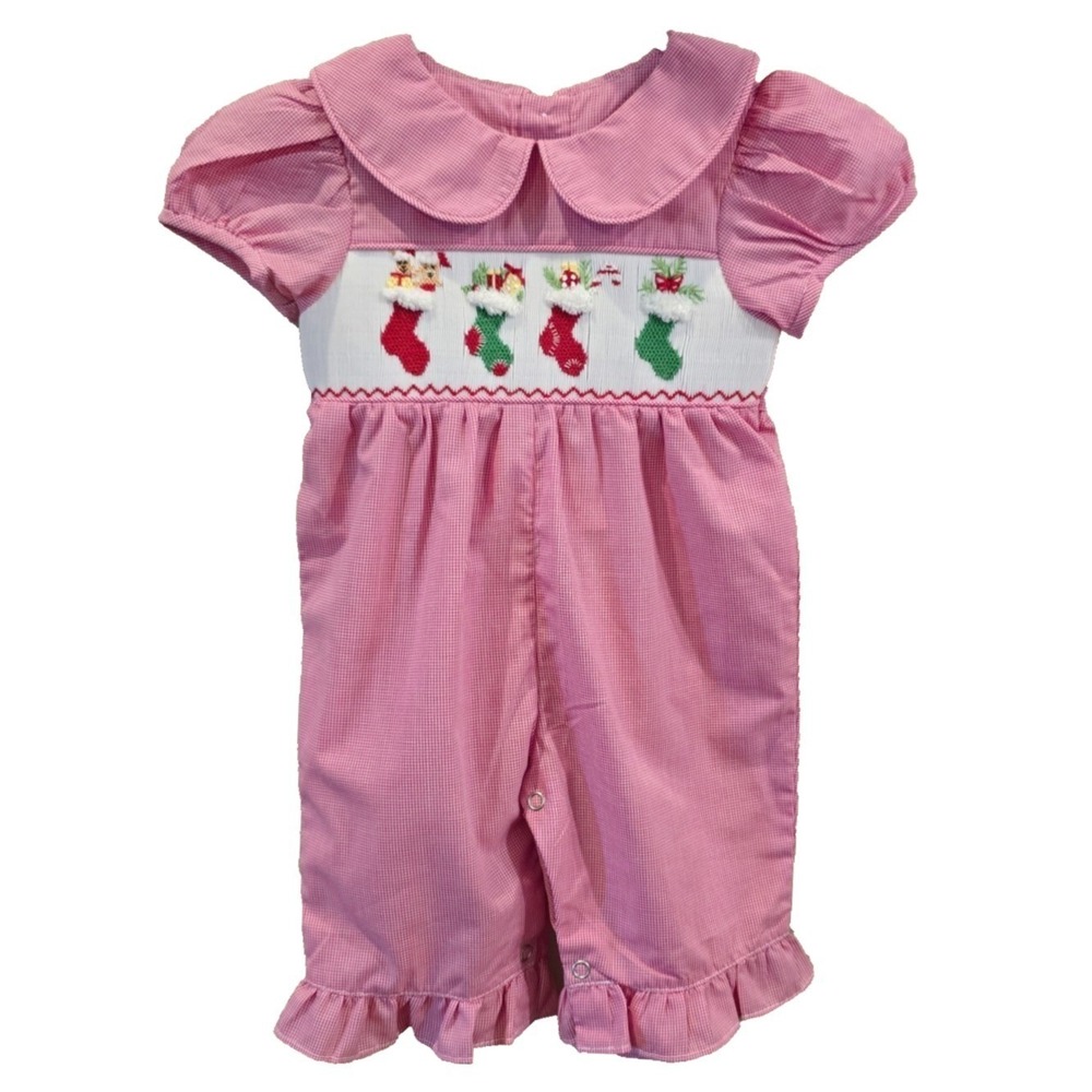 Mom & Me Baby Girl 3M Christmas Smocked Stocking Romper Red Gingham NWT 10693
